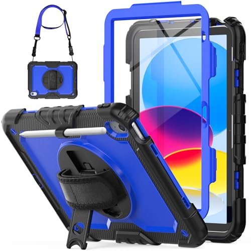 SEYMCY Case for iPad (A16) 11th/10th Generation 2025 (11 inch)/2022 (10.9 inch), Full-body Shockproof with Screen Protector, 360° Rotating Stand & Hand Strap, Carrying Strap, Pencil Holder, Blue