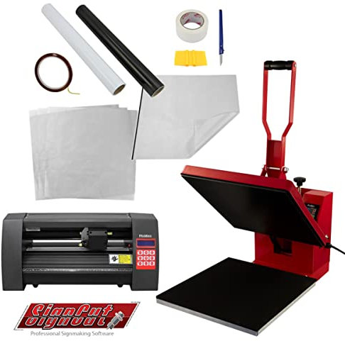 Transferpresse Hitzepresse 38cm Textilpresse Sublimation & Vinyl Schneideplotter 360mm im Set SignCut Pro 2 Lizenz Teflonmatte 10 Sublimationsblätter Schwarze & Weiße Vinyl Rollen Klebeband & Zubehör