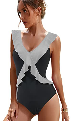 JFAN Costume da Bagno Into Trim da Donna con Lcollo a V Criss C Trimss Arruffato Costume Into Trim Donna Monokini Push Up Nero Bianco Trim L