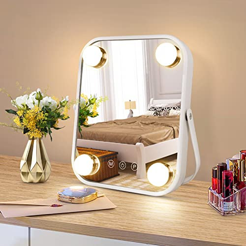 Meidom Bluetooth Hollywood Vanity Mirror with 4 Dimmable LED, 3 Colour Modes and Sensitive Touch Screen, 25 x 22CM, 360° Rotation Dressing Table Mirror with Lights for Makeup, Bedroom