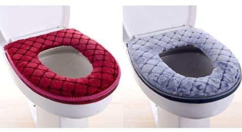 Giftik Toilet Seat Cover Pads with Zipper, Soft Comfortable Reusable Washable Thickened Toilet Seat Cushion Cover (Red&Gray)