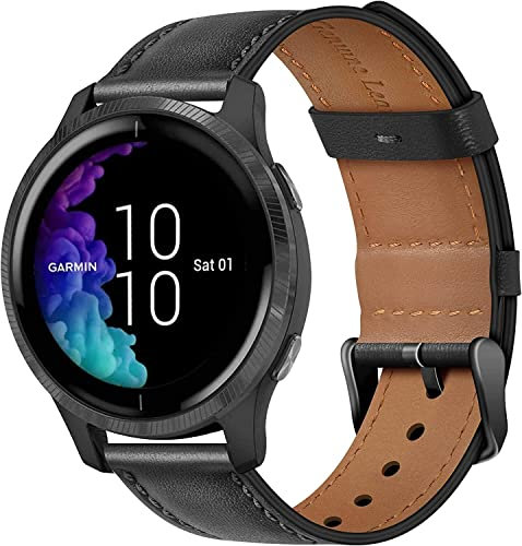 Wanme Cinturino in pelle compatibile con Garmin Vivoactive 3 / Venu/Venu Sq 2 / Venu Sq Uomo Donna, 20 mm Cinturino di ricambio per Garmin Vivomove Sport/Forerunner 645/245 Music, Nero