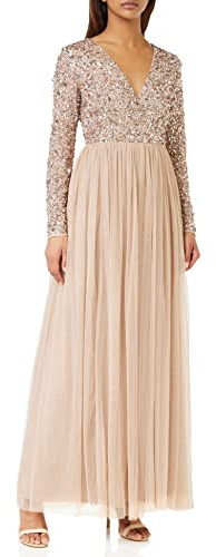 Maya Deluxe Ladies Maxi Dress for Women with Long Sleeves V Neckline Plunging Sequin Embellished for Wedding Guest Bridesmaid Prom Taupe Blush Size 18