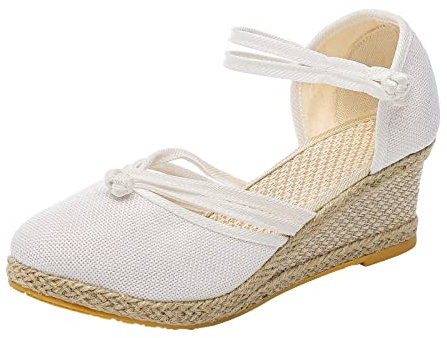 Alueeu Sandalias Mujer Verano 2023 Cuña Comodas Alpargatas Zapatos Casual Hebilla Fiesta Clásica Elegantes con Pala Cerrada Exterior Forrada de Yute Romano Sandalias de Playa, 05 Blanco, 37 EU