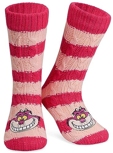 Disney Chaussettes Chaussons Femme EU 35-41, Chaussettes Fourrées Antidérapantes Fantaisie, Idee Cadeau Femme Fille et Ado (Rose chat du Cheshire)