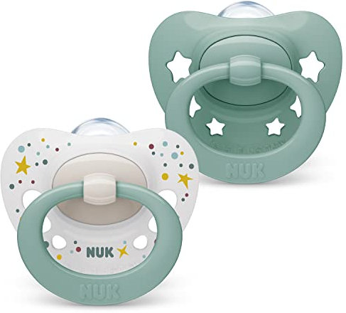 NUK Signature Lot de 2 tétines en silicone en forme de cœur sans BPA pour bébé de 0 à 6 mois avec étui Motif étoiles vertes
