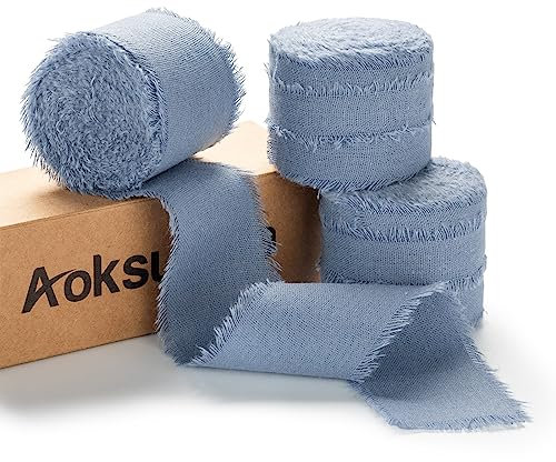AOKSUNOVA Schleifenband Hochzeit Baumwollband 3,8cm Geschenkband Baumwolle Fransenband Blau Stoffband