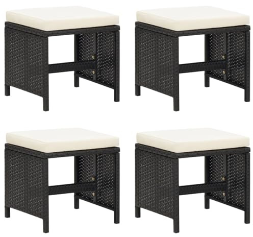 vidaXL Gartenhocker 4 STK., Hocker mit Stahlgestell, Fußhocker mit abnehmbaren Kissen, Sitzhocker Terrassenhocker, Schwarz Poly Rattan