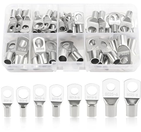 YIXISI 60 Piezas M6/M8 Terminales de Anillo kit, Conectores de Tubular, Terminales de Cable Batería, para Cable Eléctrico, Plata