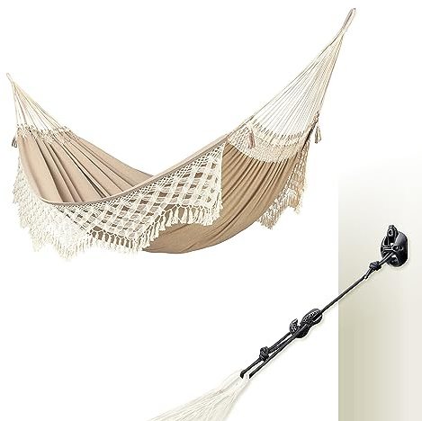 LA SIESTA® Bossanova Bio-Baumwoll Hängematte & Multizweck-Befestigung für Wände Decken & Quadratische Balken - Balkon Indoor Outdoor Hängematte, 2 Personen Makramee Boho Hängematte - Kingsize, Muscade