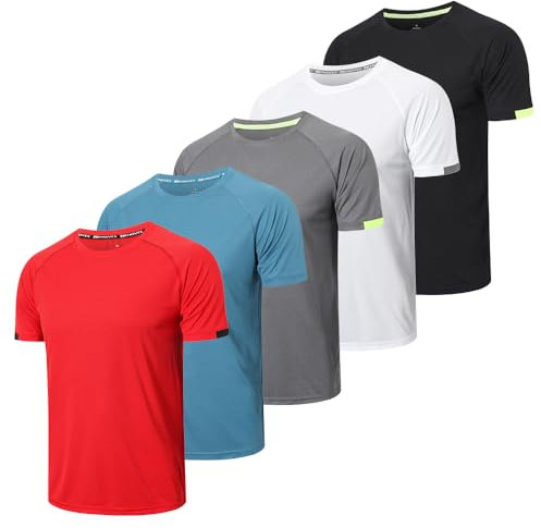 HUAKANG 5 Pack Mens T Shirt Crew Neck Short Sleeve Gym Top Men Running Workout Breathable Moisture Wicking Athletic Shirts 0717-Red-S