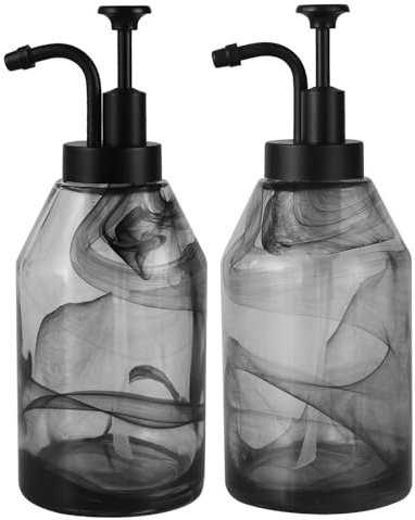 Suanti 2Pcs Black Smoked Glass Soap Dispenser Set with Smooth-action Pump for Bathroom&Kitchen Decor,Luxury Thick Marble Glass Soap Bottle for Liquid Hand Dish Soap,Lotion,Coffee Syrup-12.5 oz