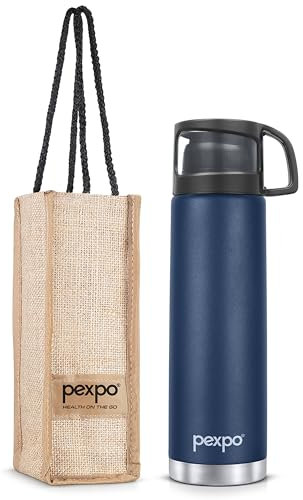 Pexpo Fererro |ISI Certified|Vacuum Insulated Hot & Cold Stainless Steel Flask|Jute Bag - 33 oz | 1000 ml Denim Blue |Steel Bottle|Leak Proof|School & Trekking|Office|Men & Women