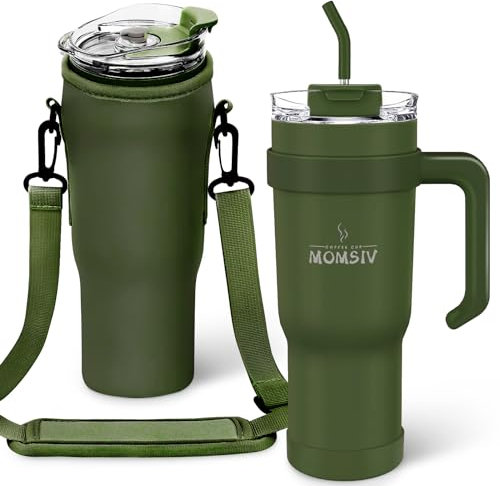 MOMSIV Gobelet isotherme de 1100 ml, avec paille et poignée, double paroi en acier inoxydable, anti-fuite, pour boissons froides et chaudes, vert, avec porte-gobelet