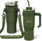 MOMSIV Taza térmica con paja y asa, taza de café de 1100 ml, de doble pared, de acero inoxidable, a prueba de fugas, para bebidas frías y calientes, color verde con soporte para bebidas