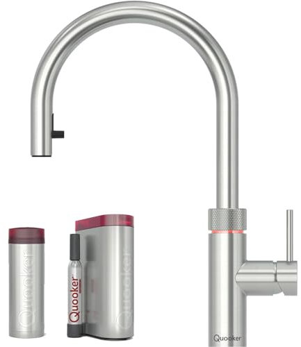 Quooker Wasserhahn Flex Voll Edelstahl & PRO3 Reservoire für kochendes Wasser Heißwasser & Cube für gekühltes sprudelndes Wasser Sprudelwasser mit BieTal® Keramiktasse 355 ml