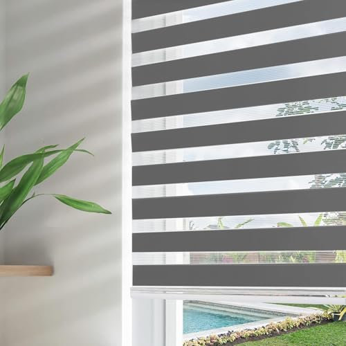 Apex Furnishings Zebra Day and Night Blinds Dual Layer Fabric Opaque & Translucent Easy Fit Zebra Blind for Windows and Door Grey Roller Blinds (64cm X 210cm)