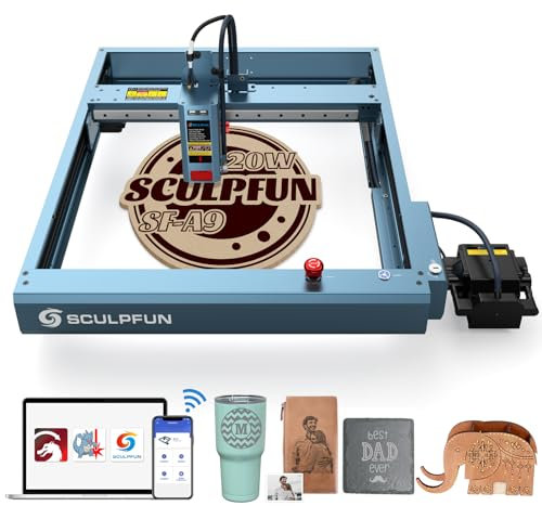 SCULPFUN SF-A9 20W Laser Engraving Cutting Machine with Automatic Air Assist, Precise Fixed Focus, Safety Alarm, DIY Laser Cutter Engraver Perfect for Wood Metal Paper Acrylic, WiFi, USB, BT