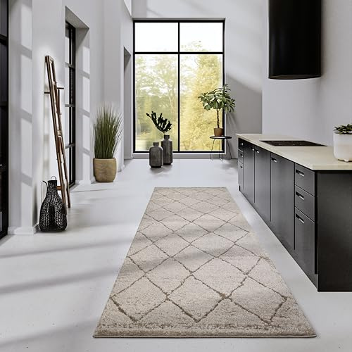 Elle Decoration Hochflor Teppich Perrotin – Moderner Wohnzimmerteppich Läufer, Langflor Shaggy, Modernes Muster, Flauschig Weich Boho für Wohnzimmer, Schlafzimmer – Beige, 80x240cm