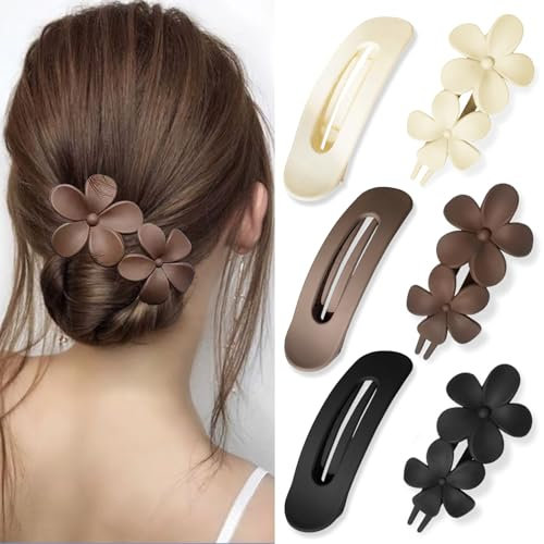 FloralGrace Lot de 6 barrettes à cheveux plates blanc crème, noir, café, 2 styles pour cheveux épais et fins, fleurs mates, barrettes françaises accessoires coiffure
