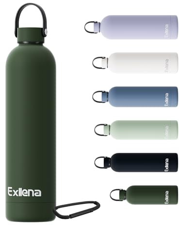Exllena Gourde Isotherme 750 ml avec Poignée Pratique - Bouteille Isotherme avec 24 Heures de Conservation au 24h Froid/12h Chaud, Revêtement Anti-Dérapant - Étanche Sans BPA (Vert Varech)