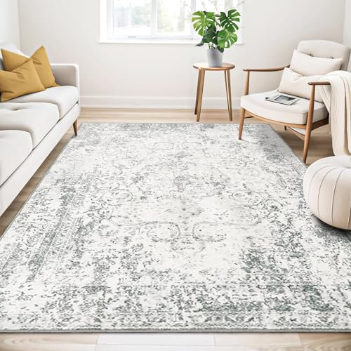 WONGS BEDDING Grau Teppich Wohnzimmer 160x230cm, Vintage Kurzflor Teppich Schlafzimmer, Flauschig Teppiche rutschfest Kunstwolle Teppiche Waschbar für Büro Zimmer Dekor