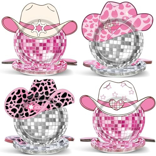 48Pcs Western Cowgirl Party Paper Plates Cow Print Party Supplies Pink Disco Ball Disposable Dessert Tableware for Cowgirl Theme Birthday Bachelorette 80s 90s Lets Go Girls Party Decorations Favors