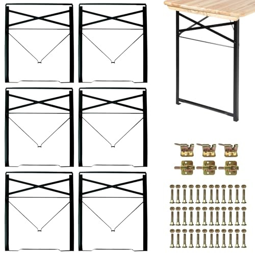 Vigormat Pied De Table Pliable pour Banc de Brasserie et Jardin, Kit de Montage Complet avec Vis pour Meuble DIY, Support Rabattable en Métal Robuste, Gain de Place Extérieur (6 Pieds + Kit - Noir)