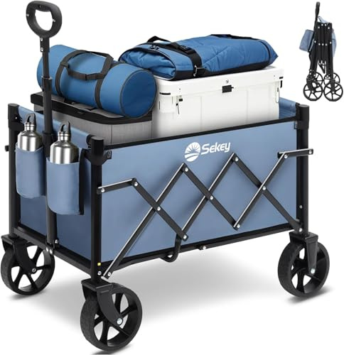 Sekey 220LBS Folding Festival Trolley on Wheels, Heavy Duty Camping trolley with All-Terrain Wheels, Portable Beach wagon, Adjustable Handle, Space-Saving Cart for Shopping Outdoor - Blue