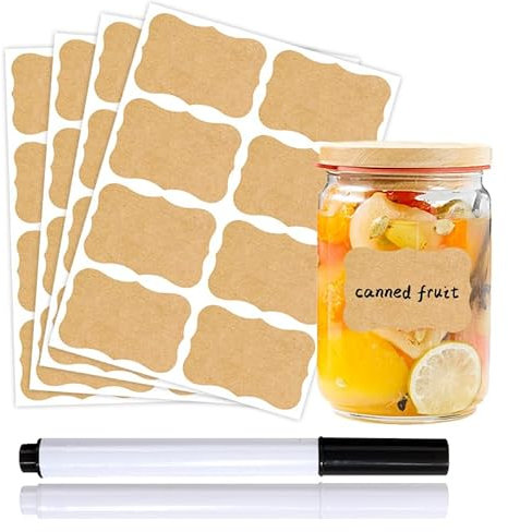 Zephyra 32 Etichette Adesive Vintage in Carta Kraft, Autoadesive e Impermeabili, Ideali per Regali, Barattoli di Vetro, Marmellata e Decorazioni Fai-da-Te, con Penna Bianca e Nera