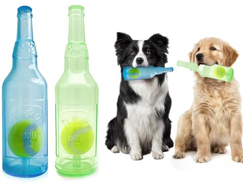 2Pcs Tennis Ball in A Bottle Dog Toy - Squeaky Chew Dogs Toys for Indoor Outdoor Play, Interactive Camling Toy for Large Dog & Puppy, Funny Rubber Dog Toy Gift for Birthday Christmas, Blue & Green
