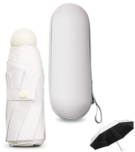 Sykrawki Paraguas Plegable Ultra Compacto para Viaje - Portátil, 8 Costillas Resistente al Viento | Protección UV 99% Impermeable | Unisex para Hombres y Mujeres (Blanco)