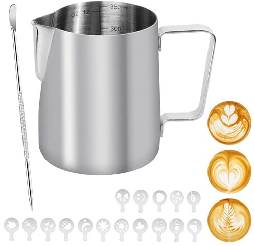 Milk Frothing Jug, 350ml/12oz 304 Stainless Steel Milk Frothing Pitcher Milk Jug with Latte Art Pen & 16 Coffee Stencils, Inner Scale Line Design Metal Frothing Jug for Coffee Cappuccino Espresso