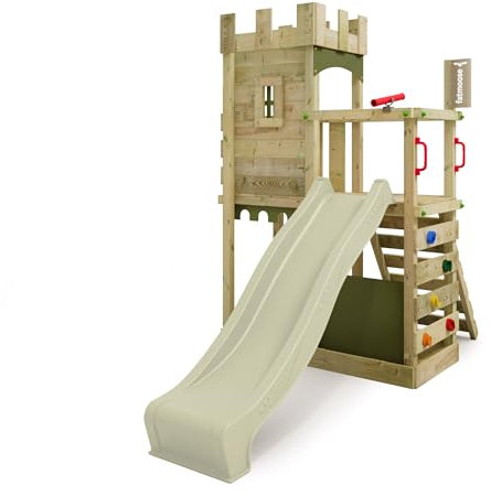 FATMOOSE Spielturm Ritterburg BoldBaron Boost XXL mit salbeigrüner Rutsche, Outdoor Kinder Kletterturm mit Sandkasten Leiter & Spiel-Zubehör für den Garten