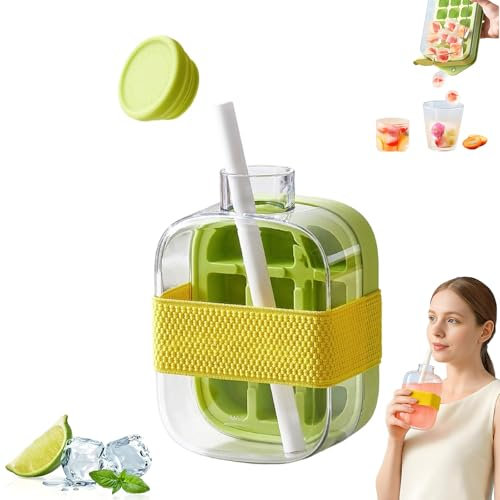 Ice Cube Bottle, 500ML 2 in 1 ice Cube Bottle with Straw with Lid and Bucket Easy One Touch Ice Release Non Contact Ice Maker for Refrigerator Ideal for Coffee Juice Green