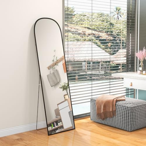 HOMCOM Ganzkörperspiegel 170 x 50 cm Gewölbter Standspiegel mit Bruchsichere Glas und Alurahmen, Wandspiegel zum Anlehnen, Stehen, Spiegel für Wohnzimmer, Schlafzimmer, Flur, Schwarz