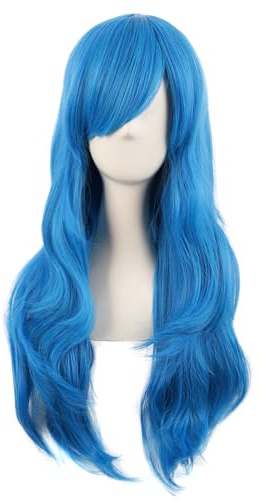 MapofBeauty 28 Inch Side Bangs Long Curly Hair Cosplay Wig,Mixed Vivid Blue