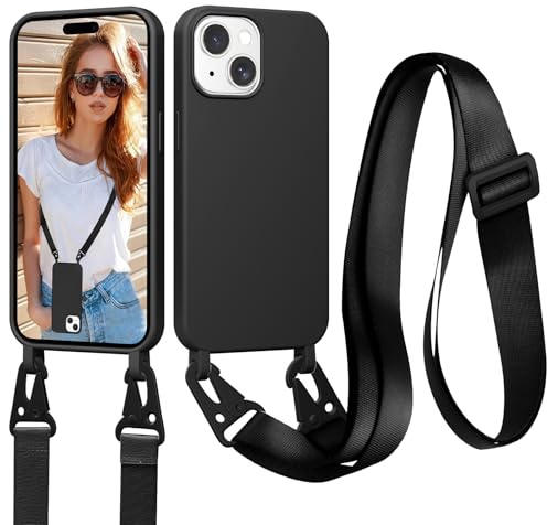 Jrkvniv Coque pour iPhone 15 avec Cordon, Collier pour Étui en Silicone Liquide avec Portable Sangle Réglable Bandouilière Lanyard Colliers, Housse Anti-Choc Case iPhone 15, Noir