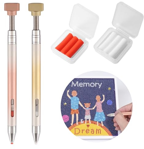 2 Pcs Diamond Art Paint Pens with Refillable Wax, Diamond Paint Accessories Refillable Wax Pen, Self-Stick Rotating Glue Point Drill Pens for Nail Art Rhinestones Diamond Art DIY Craft (Style B)