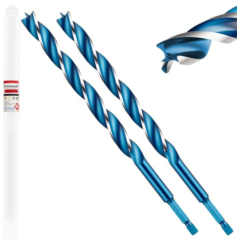 Keewaki 2 Pack 14mm x 155mm 3-Flute Auger Drill Bit for Wood – Extra Long Wood Drill Bits with Hex Shank, Heavy Duty Spiral Bit for Fast & Clean Deep Hole Drilling in Timber