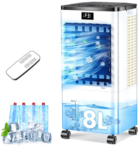 Klimaanlage Mobile, Klimagerät Tragbarer Luftkühler Luftbefeuchter Verdunstungs Lüfter mit 8L Wassertank, 12H Timer, 4 Modus, 60W Energiesparend Wasserkühlung Klimaanlage für Zuhause Büro