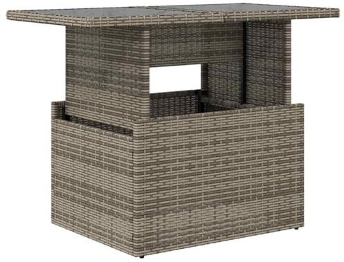 Foknhdi Table de jardin avec plateau en verre - 100 x 55 x 73 cm - En polyrotin gris - Table basse réglable en hauteur - Design moderne - Robuste et durable - Pour balcon, terrasse et jardin