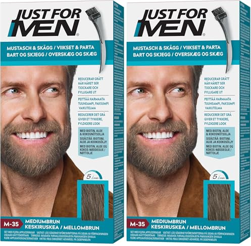 Just For Men Schnurrbart und Bartfarbe mittlerbraun, beseitigt graue Haare für einen dickeren und volleren Look - M35. (Packung mit 2)