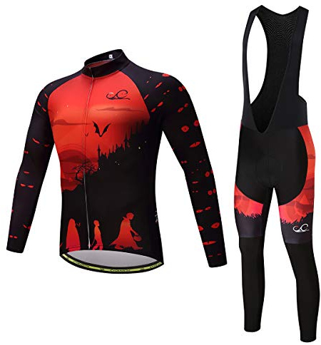 CYCEARTH Cycling Jersey Long Sleeve Set Men Winter Fleece Thermal Jackets Black Bib Pant