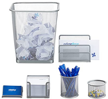 Relaxdays Schreibtisch Organizer 6er Set, Ablage Visitenkarten, Zettelbox, Briefablage, Stifteköcher, Mülleimer, silber