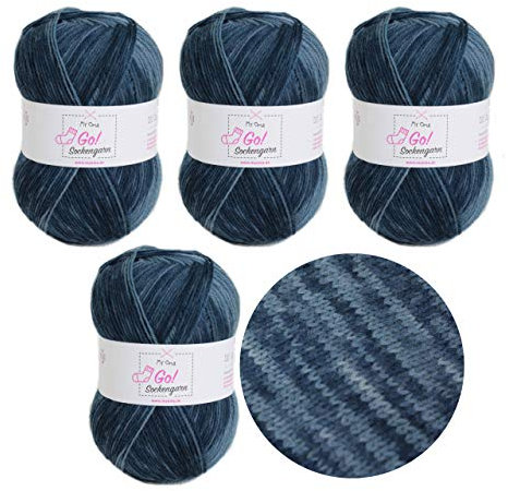 My Oma Sockengarn Go! tiefsee (Fb 323), 4 Knäuel blaues Sockengarn, Sockengarn 4 fädig, Nadelstärke 2,5-3mm, 400g Wolle zum Socken Stricken, Sockengarn Farbverlauf