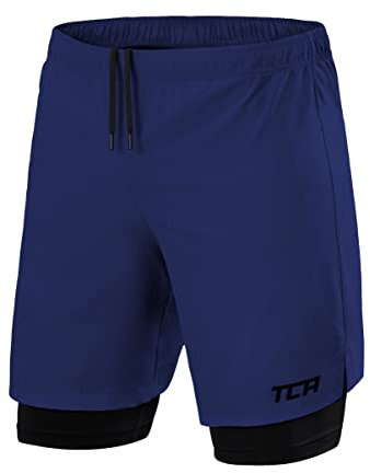 TCA Ultra Sporthose Herren kurz 2 in 1 mit Tasche - Kurze Sport Shorts Trainingshose mit Taschen - Laufhose mit Kompressions Innenhose und Reißverschluss Handytasche - Blau/Schwarz, M