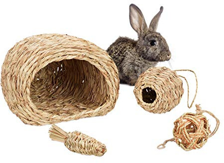 Relaxdays Set 4 Juguetes Conejo y Cobaya, Accesorios Jaula Roedores, Cueva, Bolas de Pienso y Zanahoria de Paja, Natural