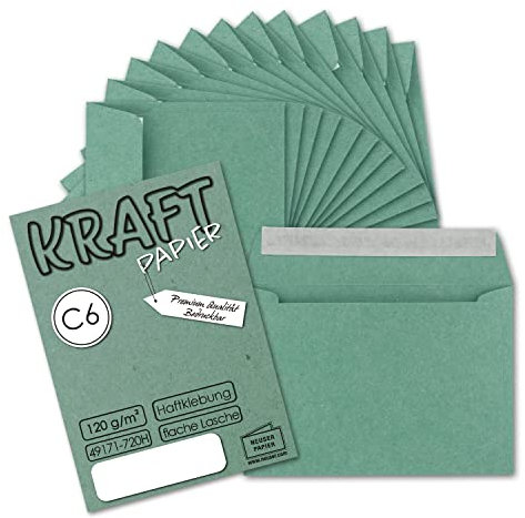 150x Briefumschläge DIN C6 Kraftpapier - Eukalyptus (Grün) - Vintage Recycling Kuverts mit Haftklebung - 120 g/m² - 114 x 162 mm