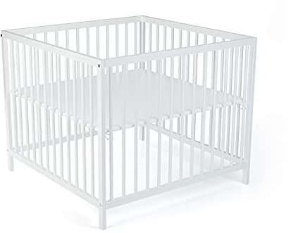 Laufgitter Baby Sarah, 95x95 cm in Weiß | 3-fach höhenverstellbar, schadstoffrei aus massivem Buchenholz I Kinderlaufstall, Laufstall Baby mitwachsend & stabil | Modernes Babybett im zeitlosen Design